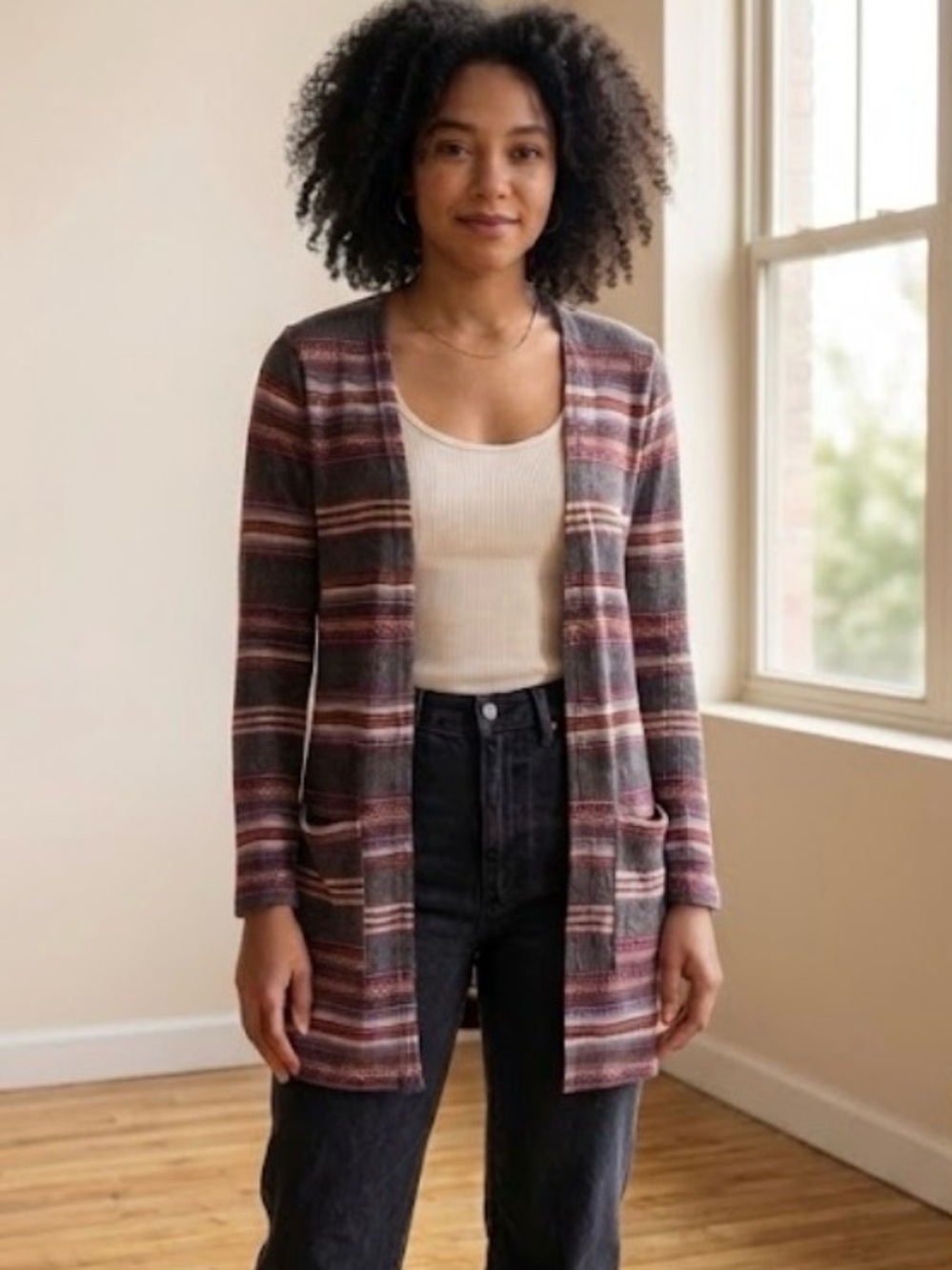 Wallflower Striped Open Front Cardigan Gray Pink Blue Brown - Size Small